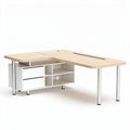 Corner desk with storage drawers and cable management in white and natural wood finish 150 x 75 x 75cm