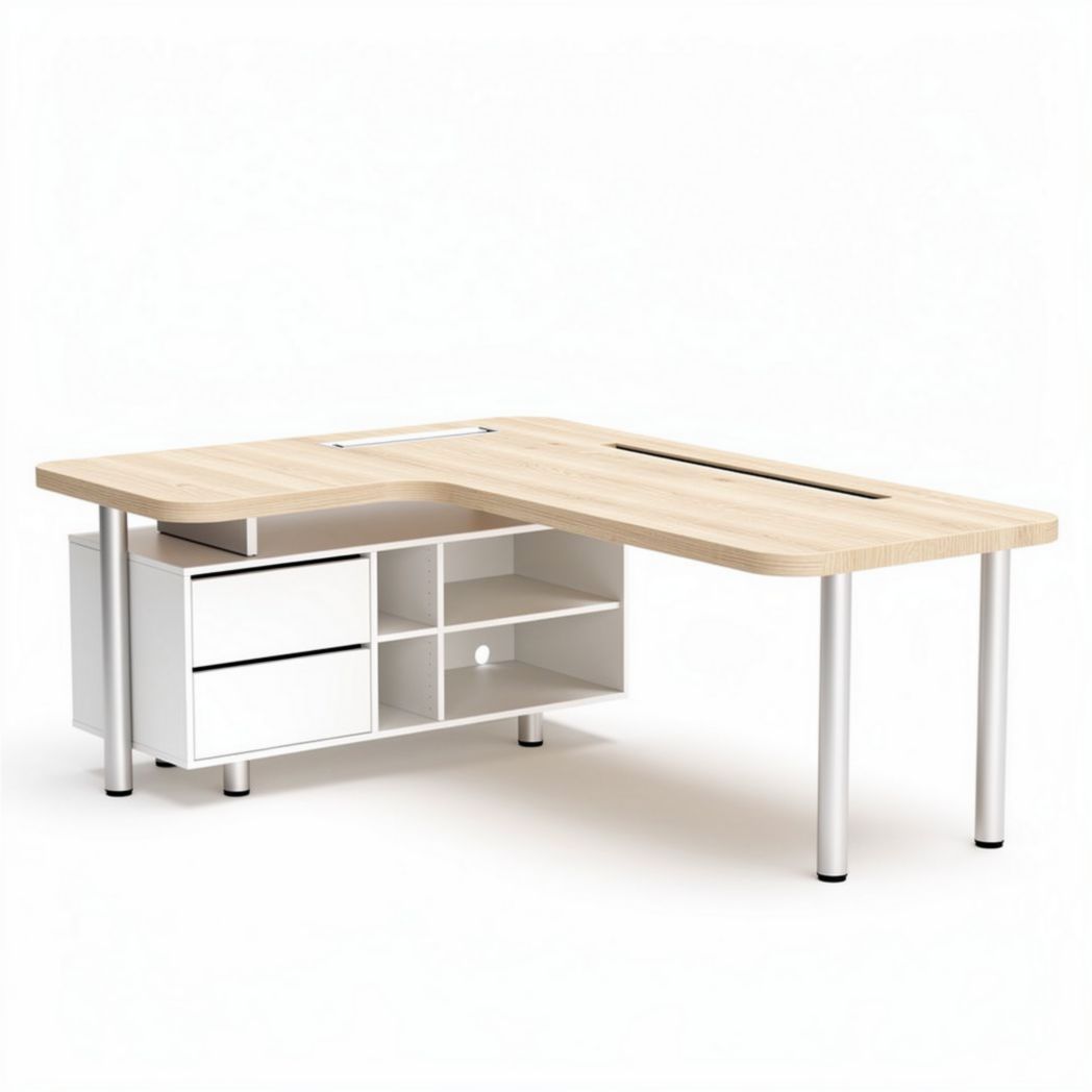 Corner desk with storage drawers and cable management in white and natural wood finish 150 x 75 x 75cm