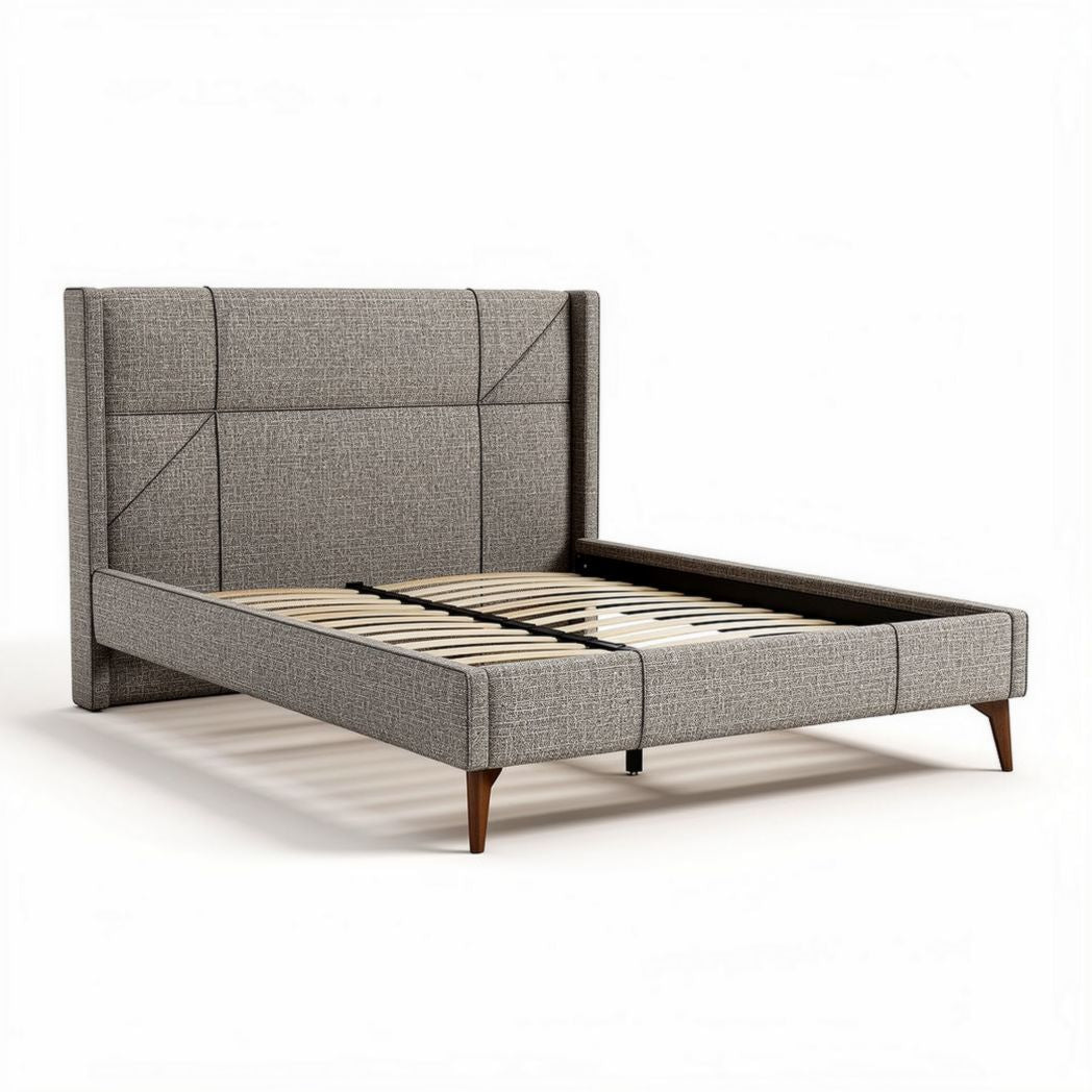 Fabric upholstered bed frame with wooden legs and slatted support 200 x 160 x 110cm