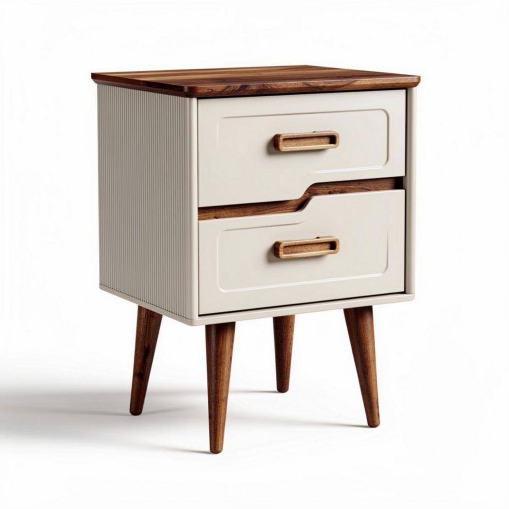 Nightstand with two drawers and wooden legs in cream color 40 x 40 x 50cm
