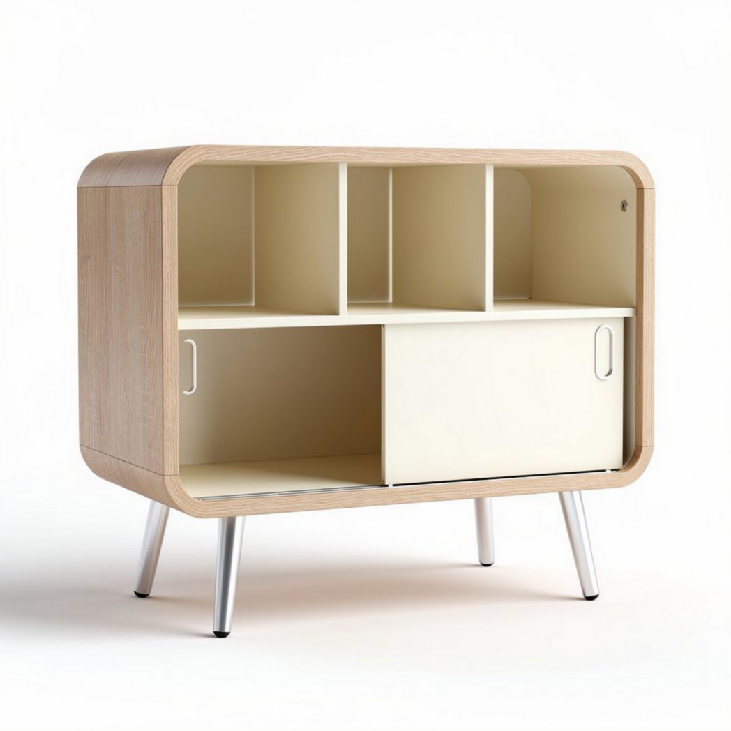 Wooden storage cabinet with white sliding door and four open compartments 80 x 40 x 80cm