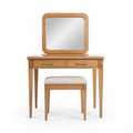 Wooden makeup vanity set with mirror and padded stool in natural finish