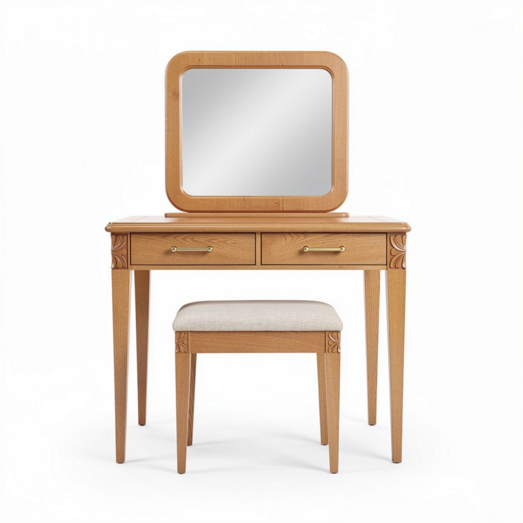 Wooden makeup vanity set with mirror and padded stool in natural finish