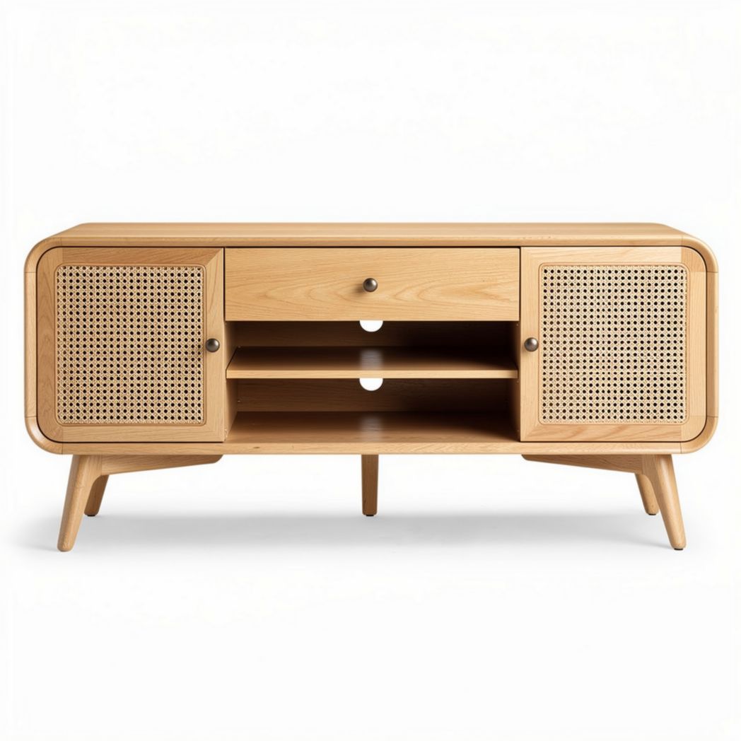 Wooden media console with perforated doors and open shelving 120 x 40 x 50cm