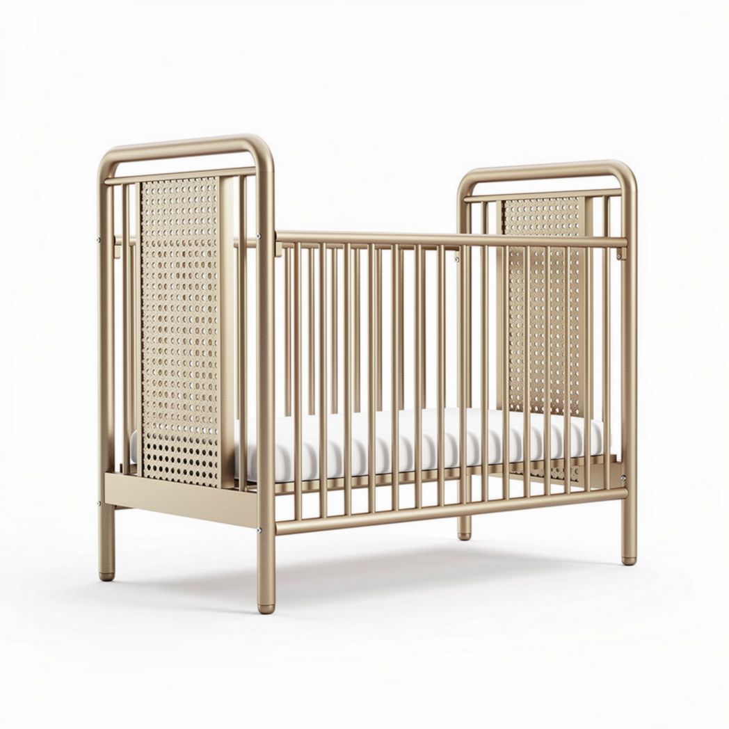 Metal crib with breathable mesh sides and mattress support for infants