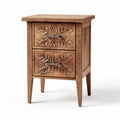 Wooden nightstand with leaf pattern carving and two drawers 24 x 16 x 28 inches