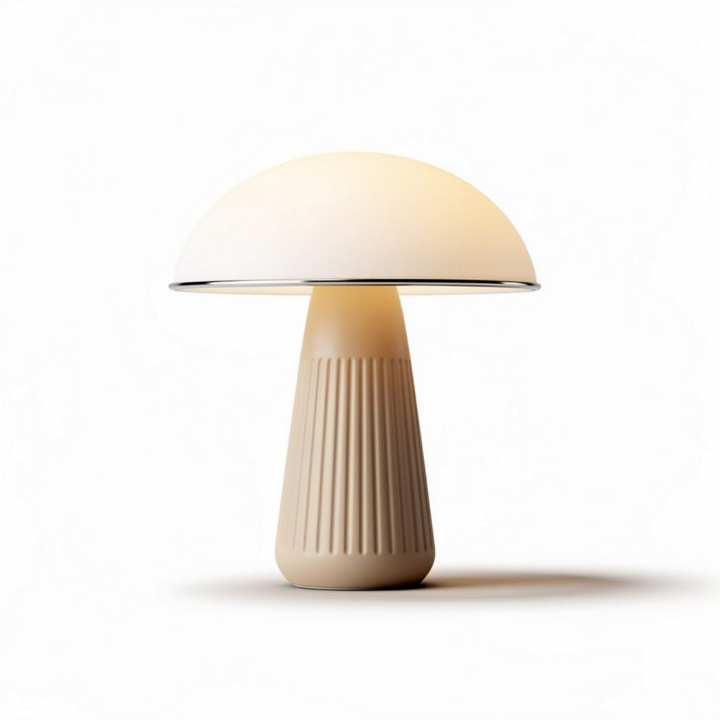 Mushroom-shaped table lamp in cream color with ribbed base and LED bulb