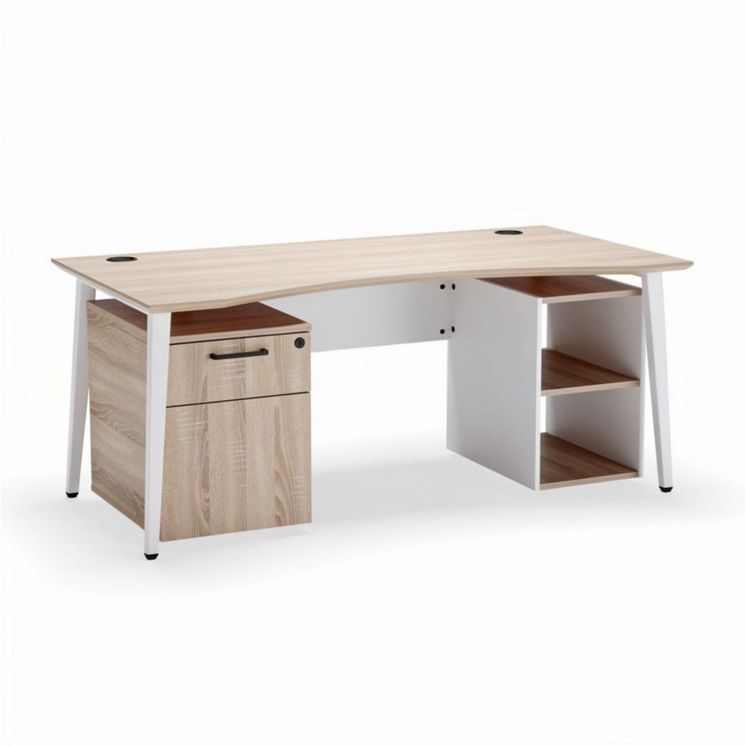 Writing desk with storage cabinet and shelves in natural wood finish 150 x 75 x 75cm