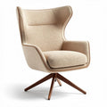 Fabric accent chair with wood base and modern design in cream color