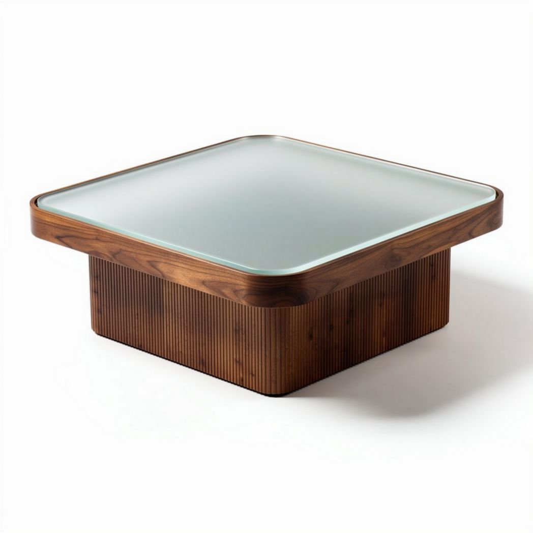 Wood coffee table with frosted glass top and modern design 80 x 80 x 30cm