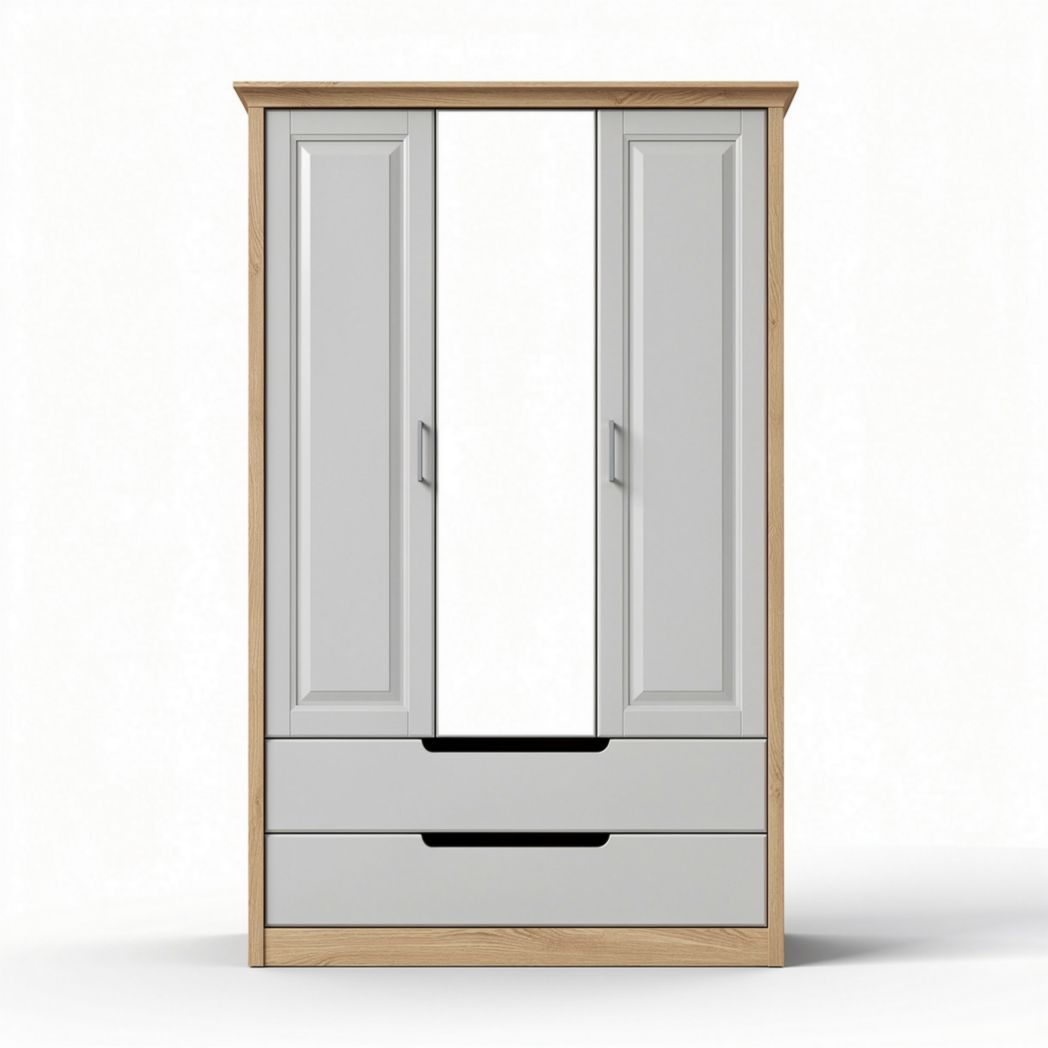 Two-door wardrobe with mirrored front and two drawers in grey and wood finish